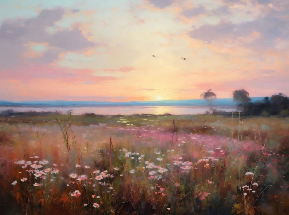 Peinture à l'Huile Paysage de Champ de Fleurs Sauvages, Paysage de Coucher de Soleil Vintage, Art Mural Champestre aux Tons Estompés Téléchargement Numérique, Imprimable Nature