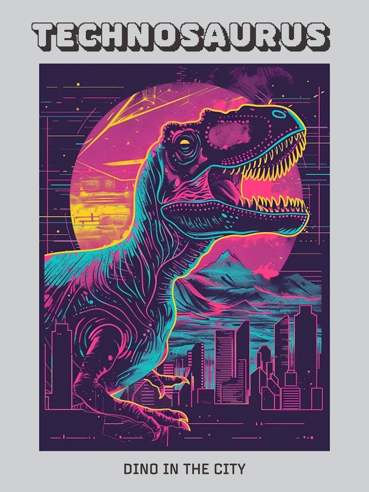 Neon Dinosaur Cityscape Poster