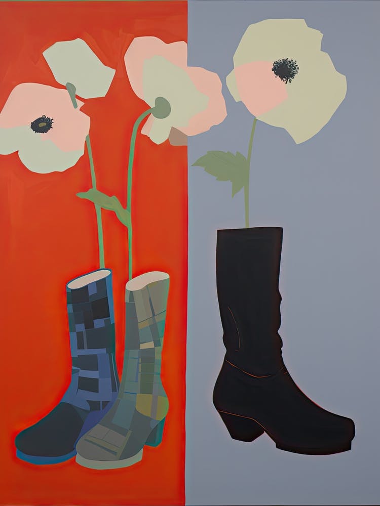 A Painting Of Cowboy Boots With Poppy Flowers, Pop Art Style 4