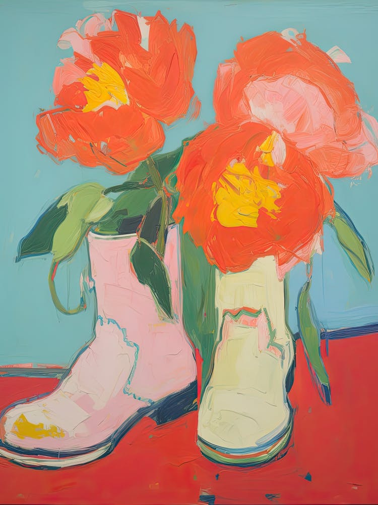 Painting Of Red Flowers And Cowboy Boots, Oil Style 6