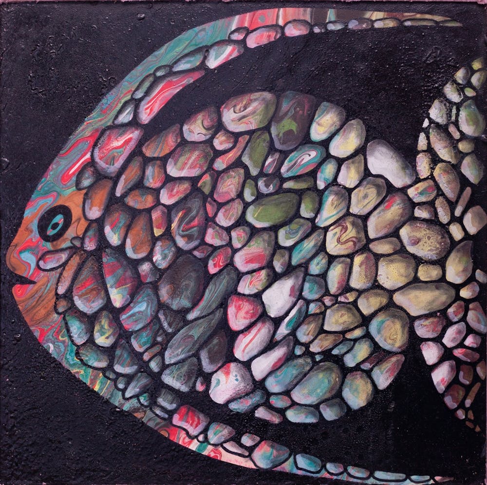 "Stone-colored fish" on a black background