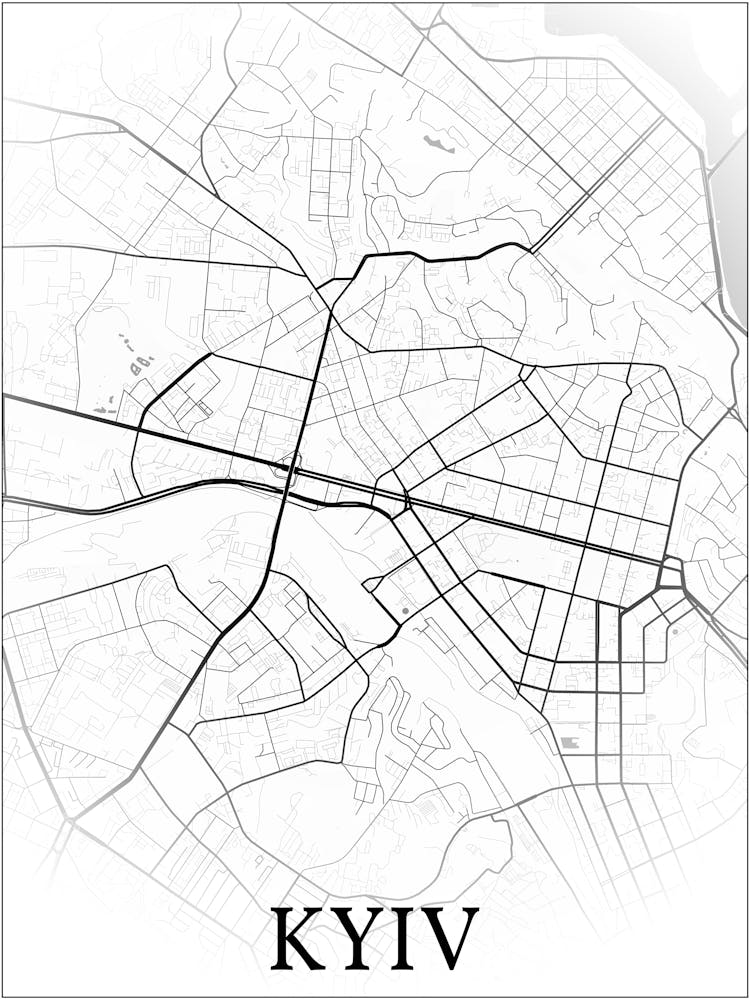 Kyiv, Kiev, Ukraine, City Map, Black And White Fade Design