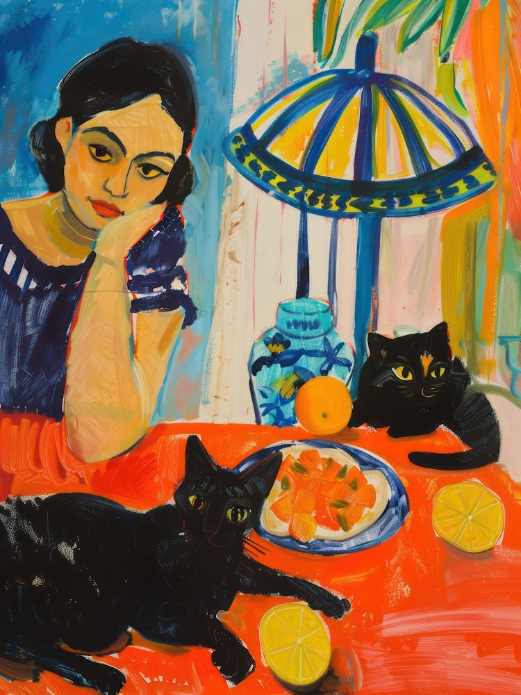 Portrait Of A Girl With Cats Eating A Fruit Salad 2