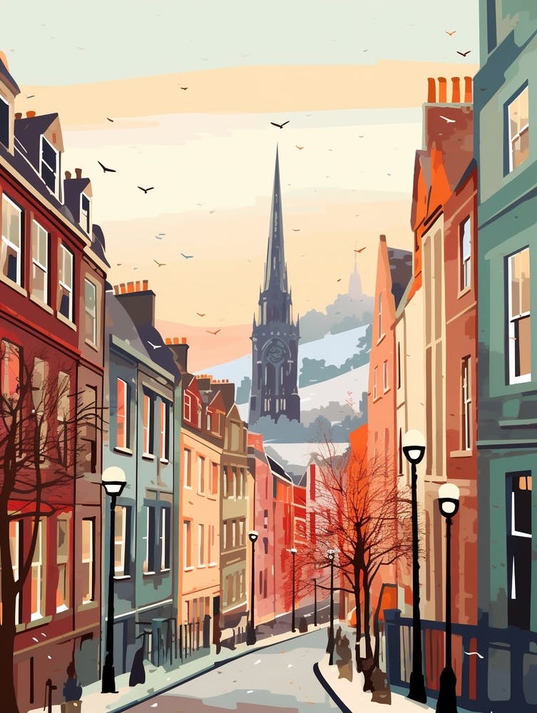 Vintage Winter Travel Illustration Edinburgh Scotland 3