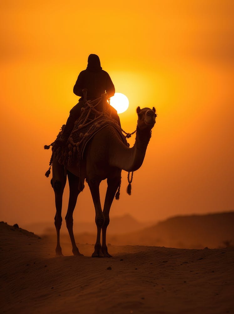 Silhouette Of Camel Rider At Sunset