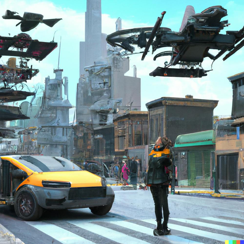 3d render of a future city with buildings and people walking around and flying cars
