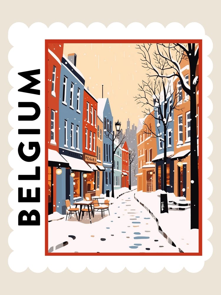 Retro Winter Stamp Poster Bruges Belgium 2