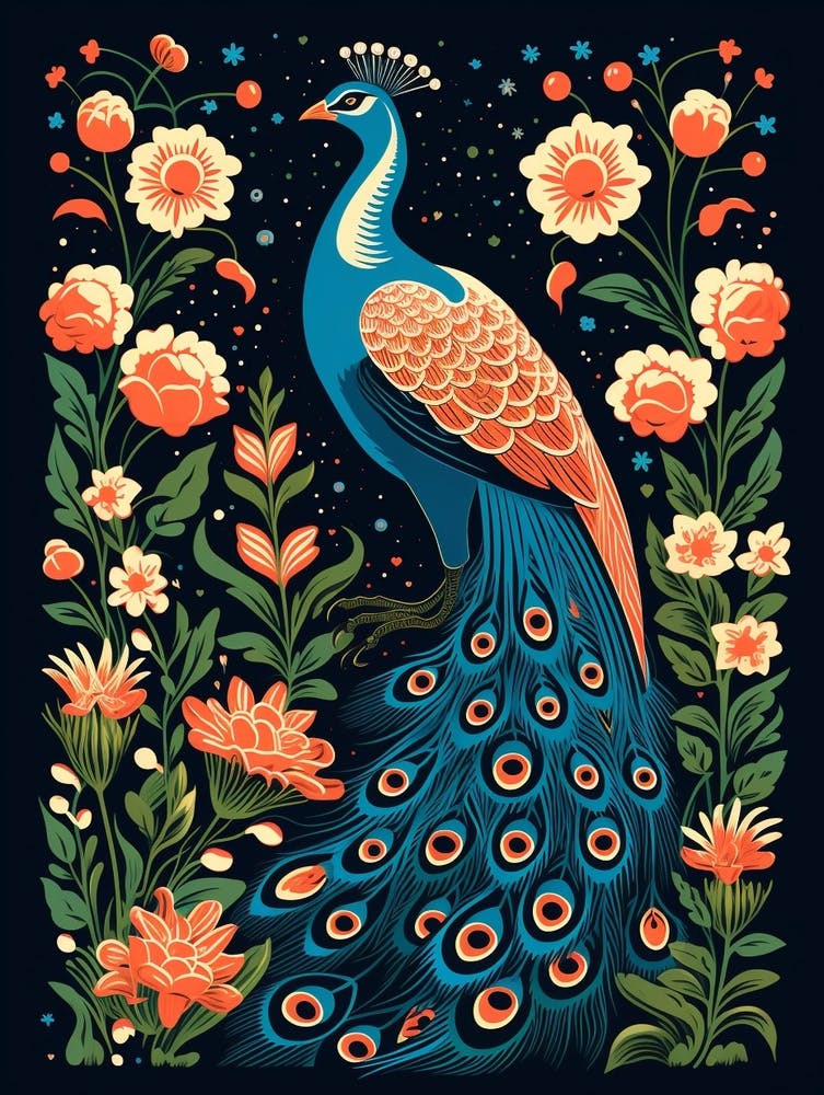 Vintage Bird Linocut Peacock 3