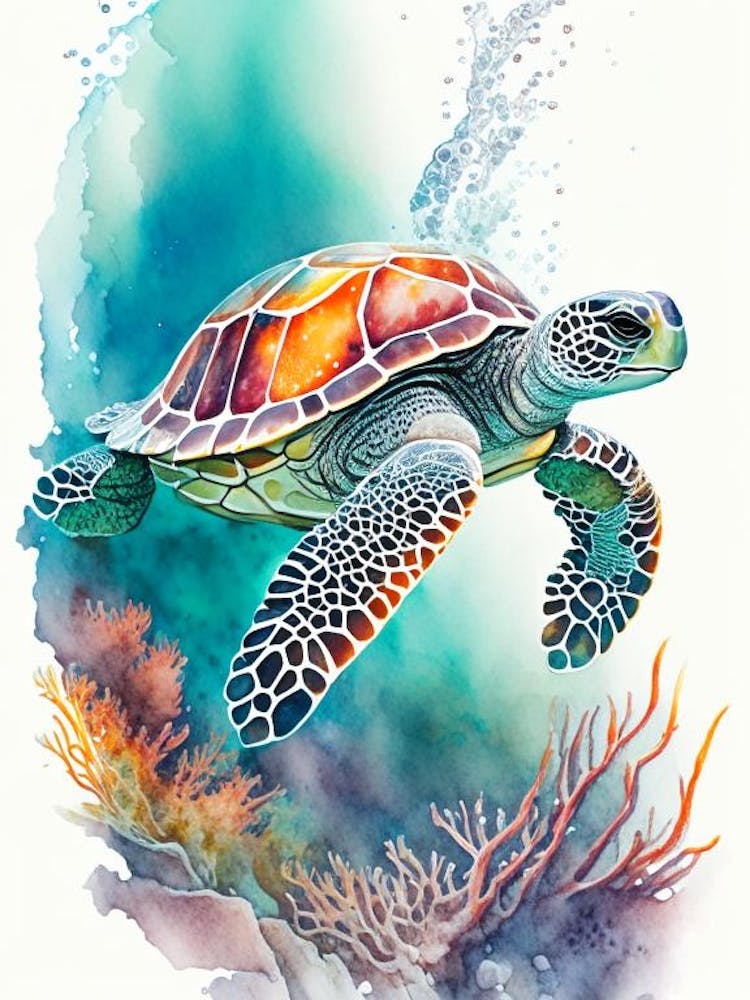 A Single Sea Turtle In Coral Reef, Sea Turtle Cute Neon 2