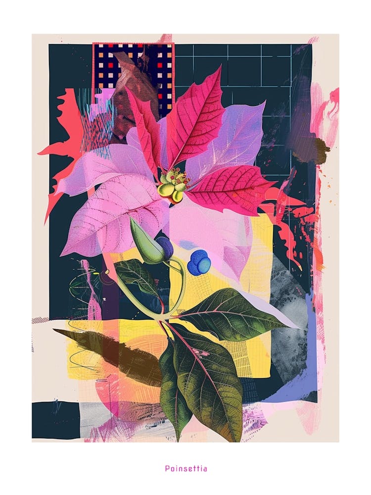 Poinsettia 2 Neon Flower Collage Poster