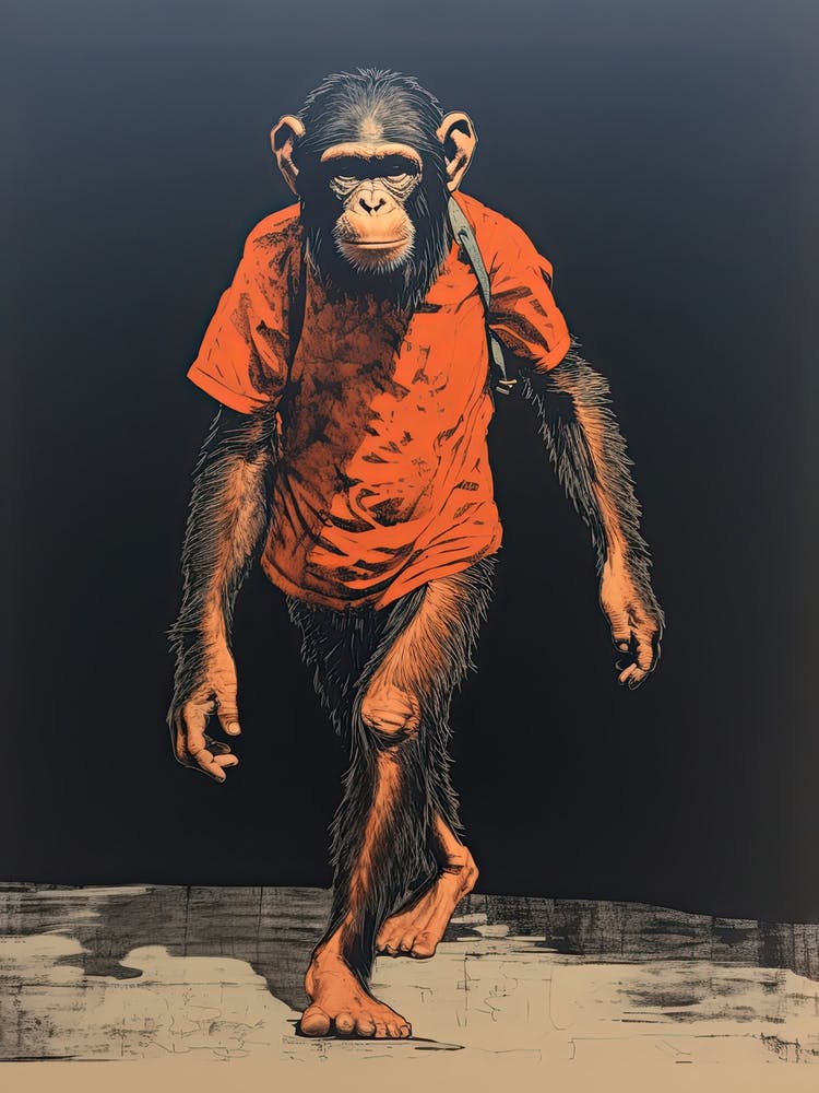 Chimpanzee, Woodblock Animal Drawing 2