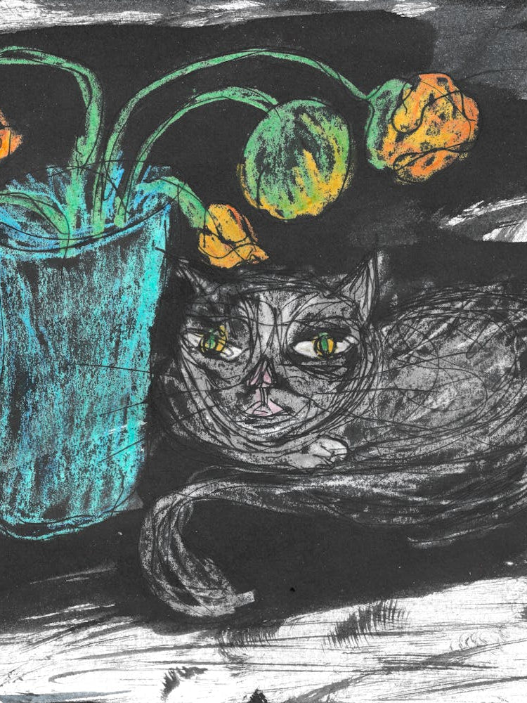 Black Cat With Poppies