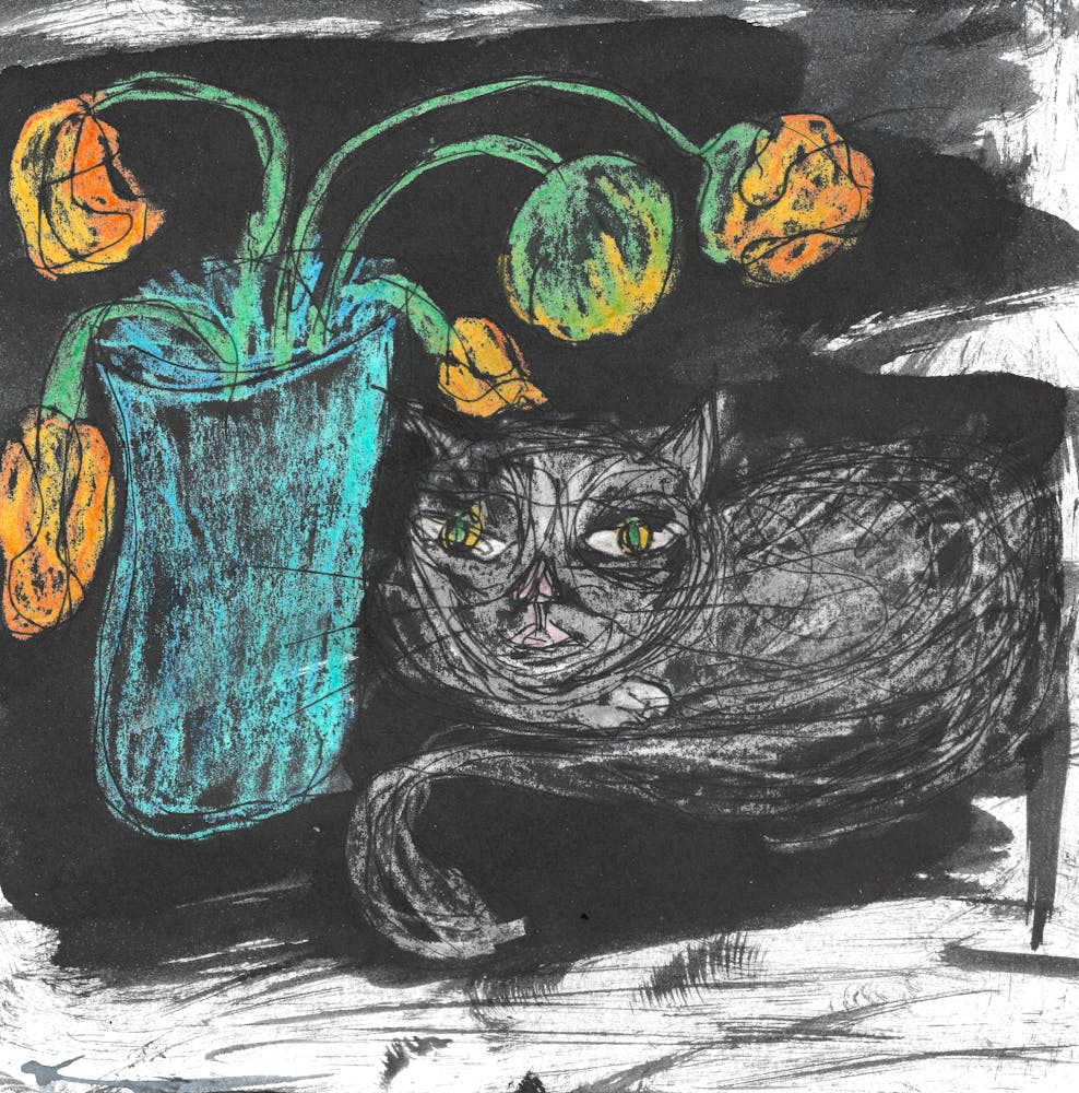 Black Cat With Poppies