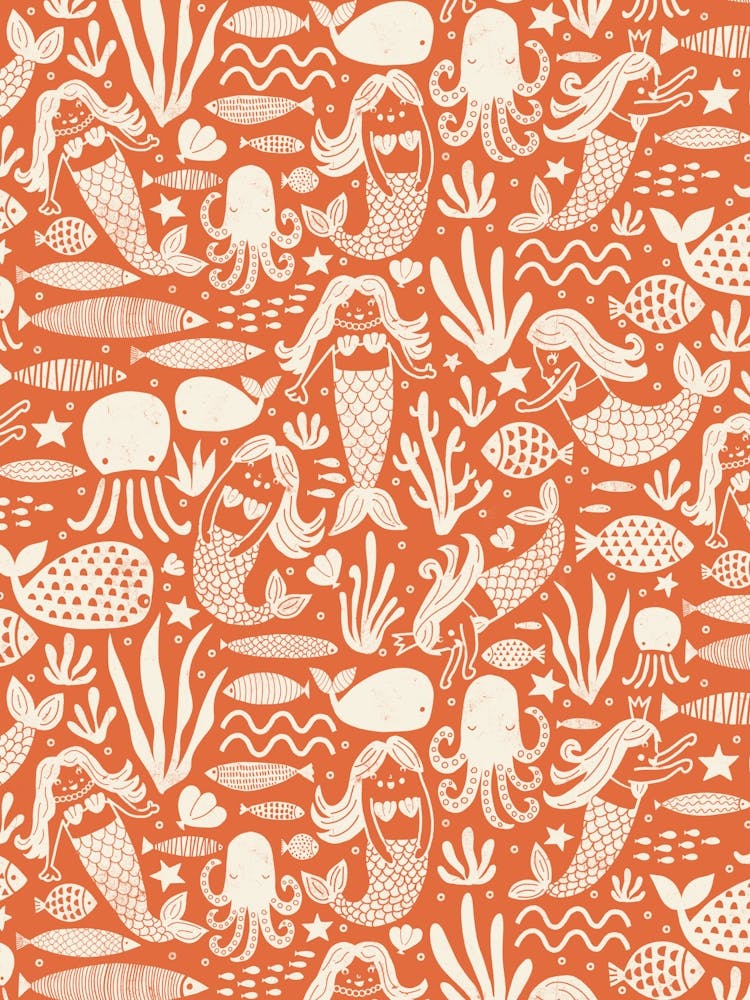 Underwater Mermaids and Sea Life Block Print White on Scarlet Orange Kids