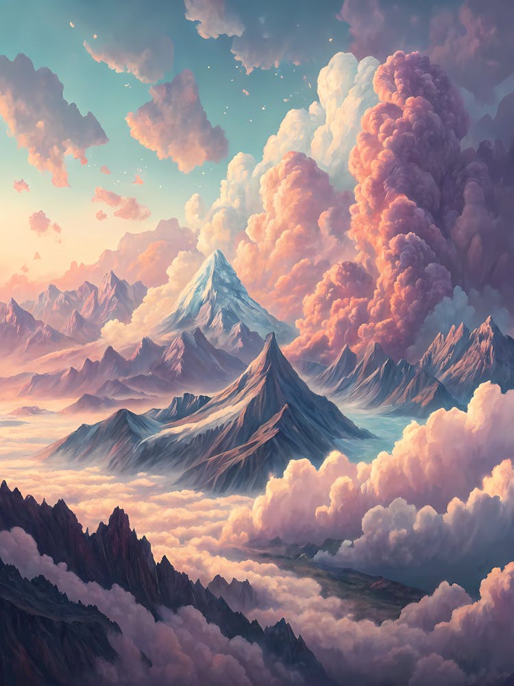 A Surreal Cloudscape Blending Mountains Oil Painting Style