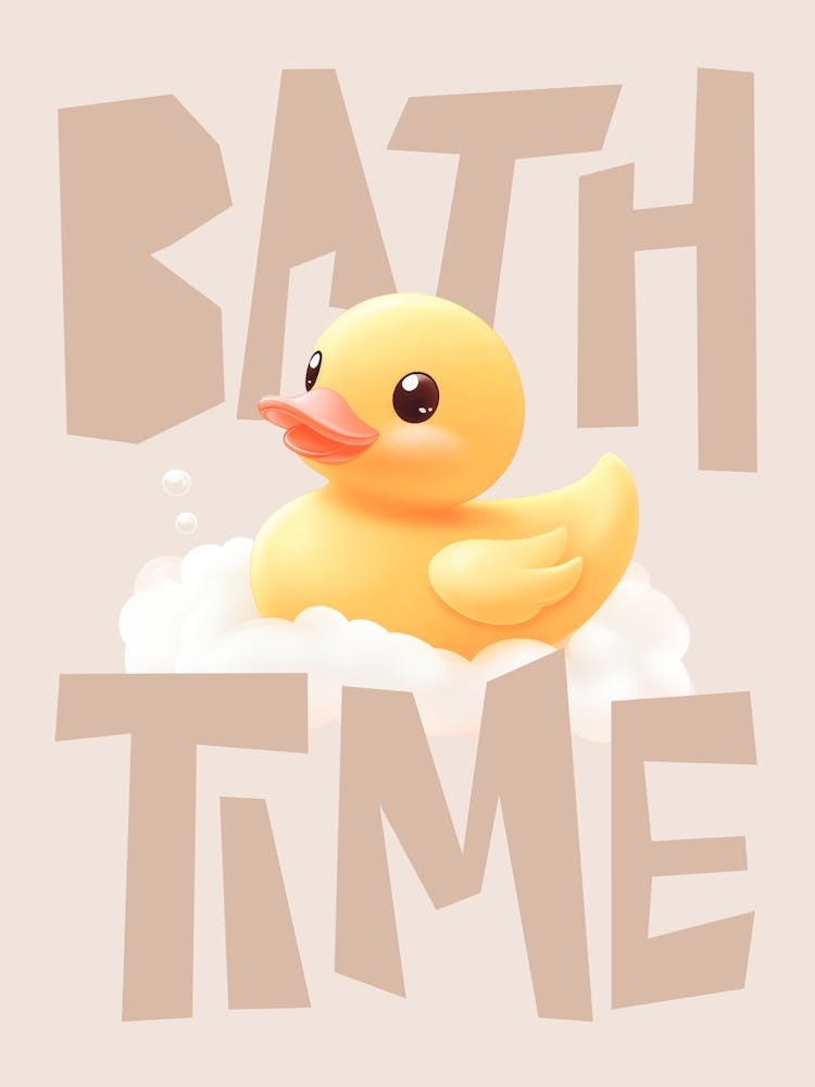 Cute Rubber Duck Pastel Bathroom Art for Kids, Beige Bath Time Poster Rubber Ducky Wall Print for Nursery or Playroom, Funny wall art for Bathroom Decor