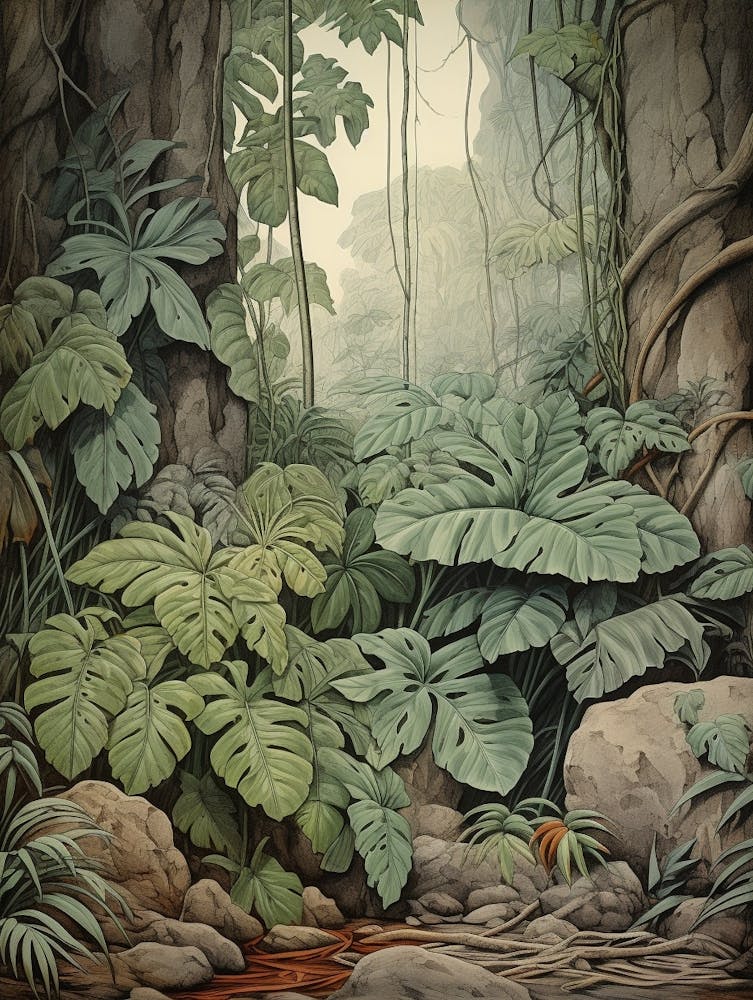Vintage Dschungel Botanische Illustration Philodendron 1