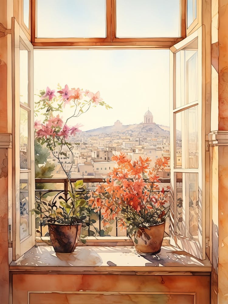Window View Of  Athens Greece In Autumn Fall, Watercolour 4