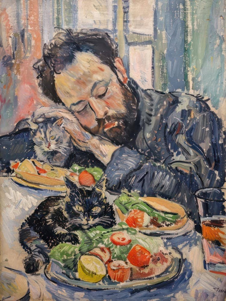 Portrait Of A Man With Cats Eating A Burrito