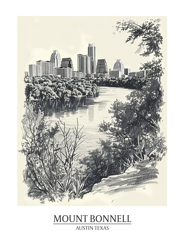 Mount Bonnell Austin Texas Black And White Drawing 1 Poster