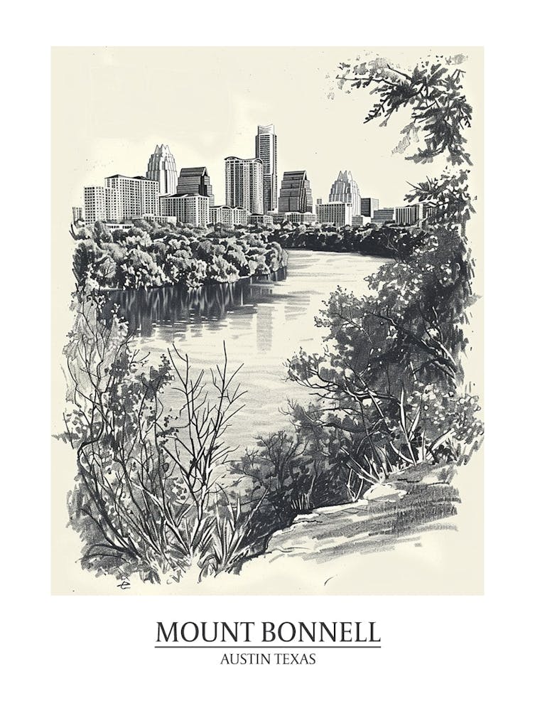 Mount Bonnell Austin Texas Black And White Drawing 1 Poster