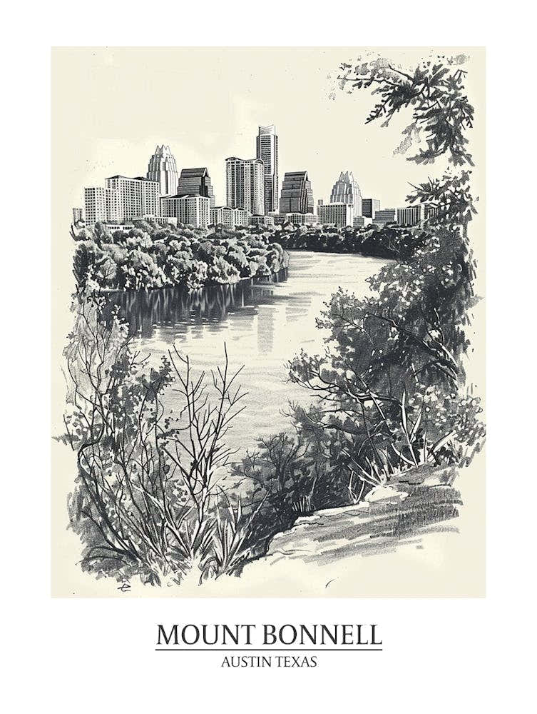 Mount Bonnell Austin Texas Black And White Drawing 1 Poster