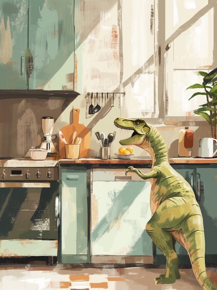 Dinosaur Cooking In The Kitchen Pastel Painting 3