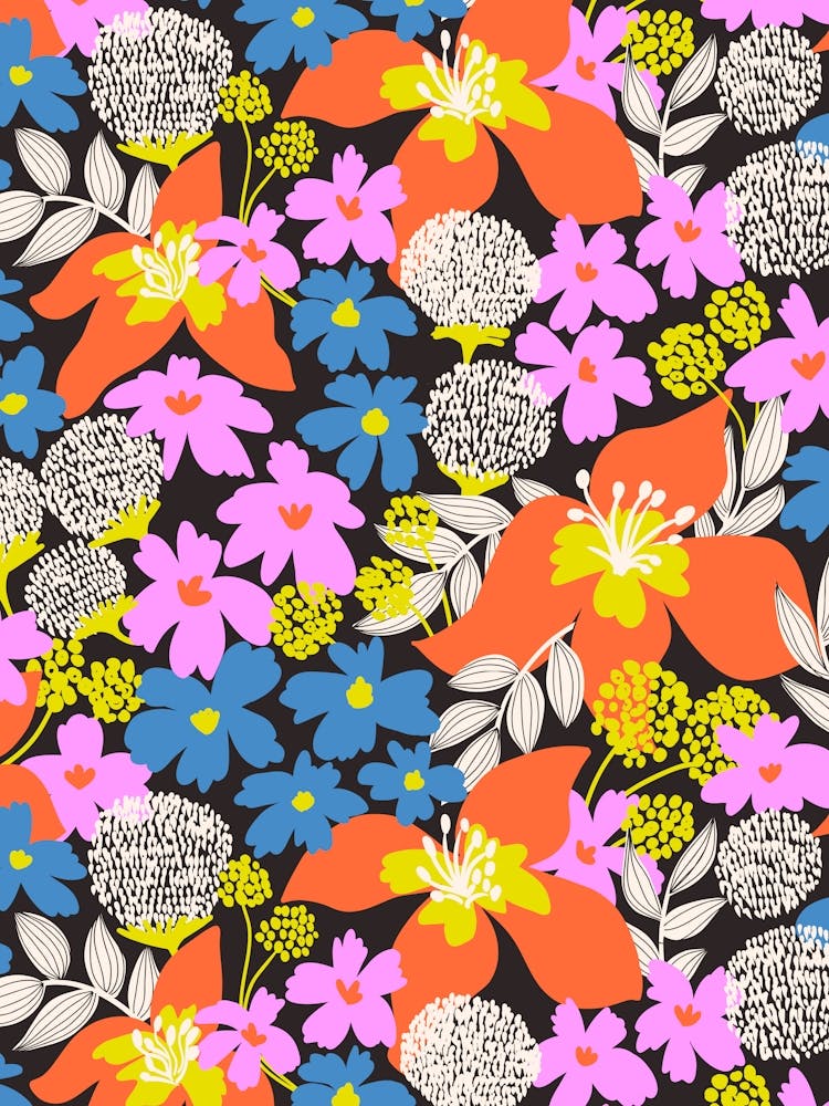 Bold And Vibrant Red Pink Blue On Black Floral Pattern