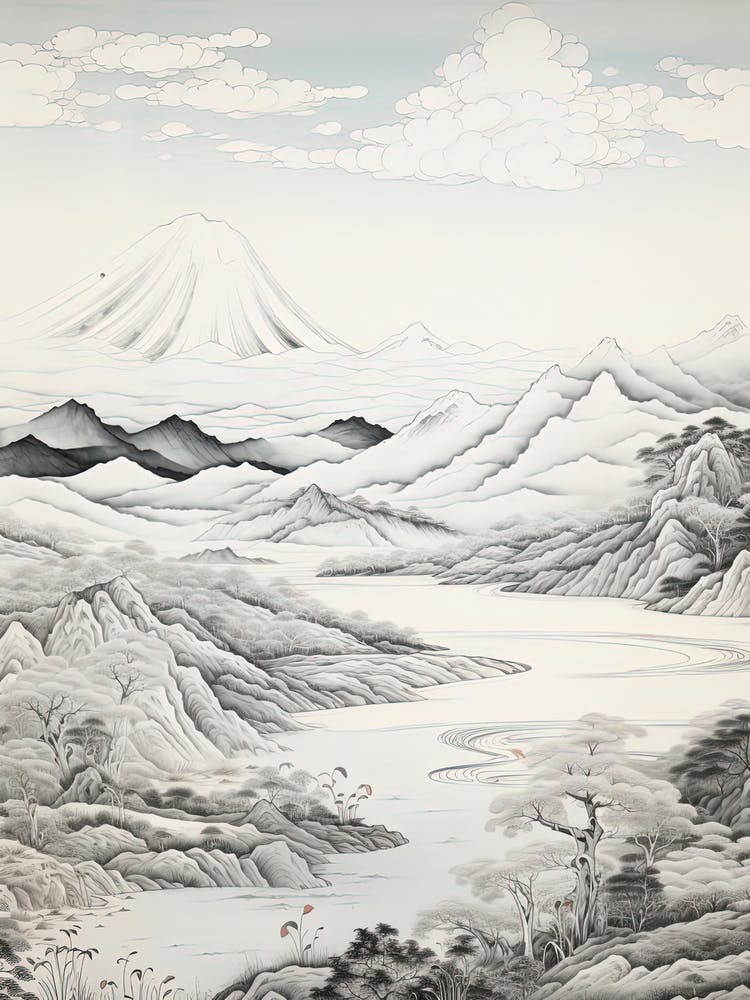 Yatsugatake Mountains In Yamanashi, Ukiyo E Black And White Line Art Drawing 4