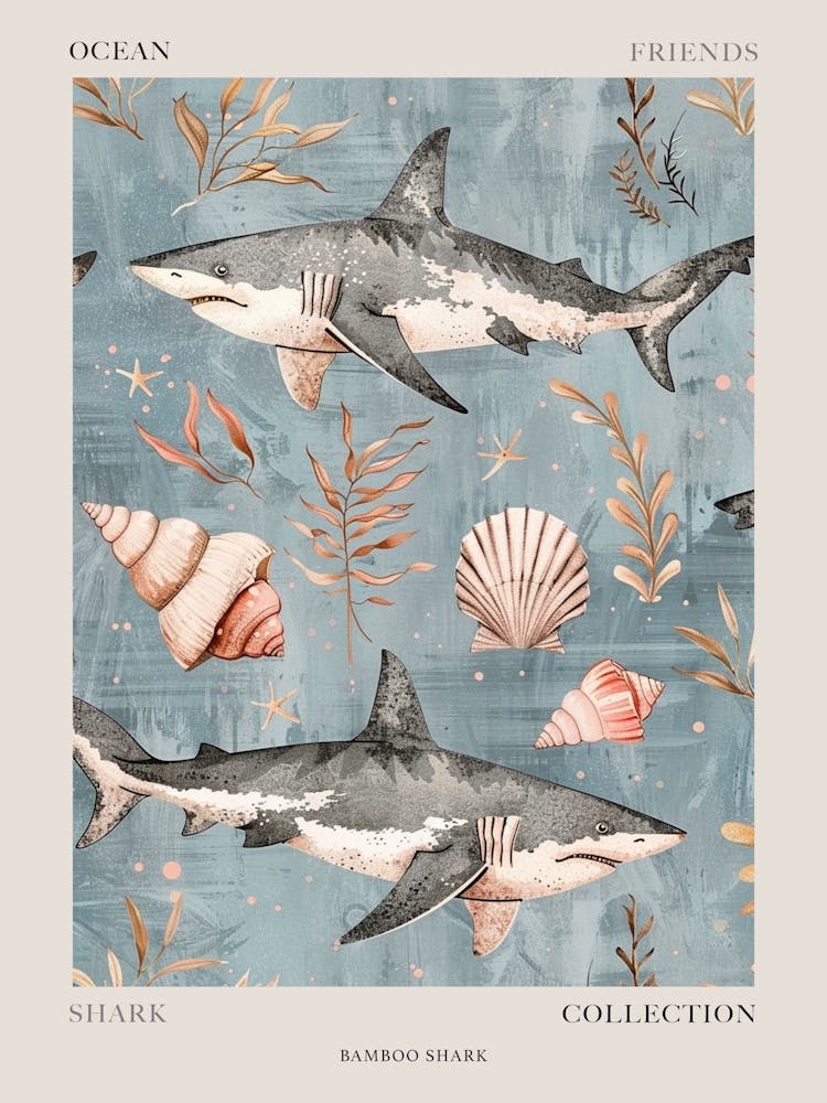 Pastel Blue Bamboo Shark Watercolour Seascape Pattern 2 Poster