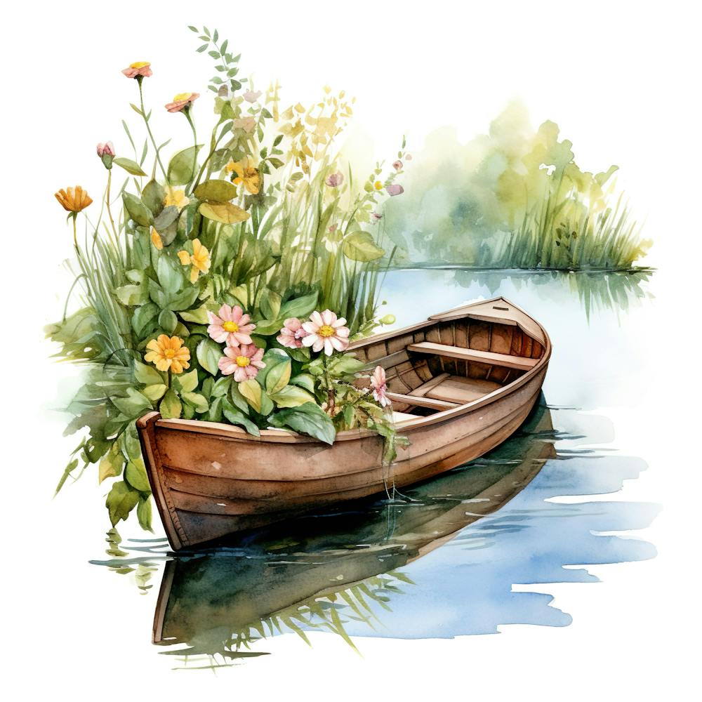 Watercolor Boat With Flowers 1