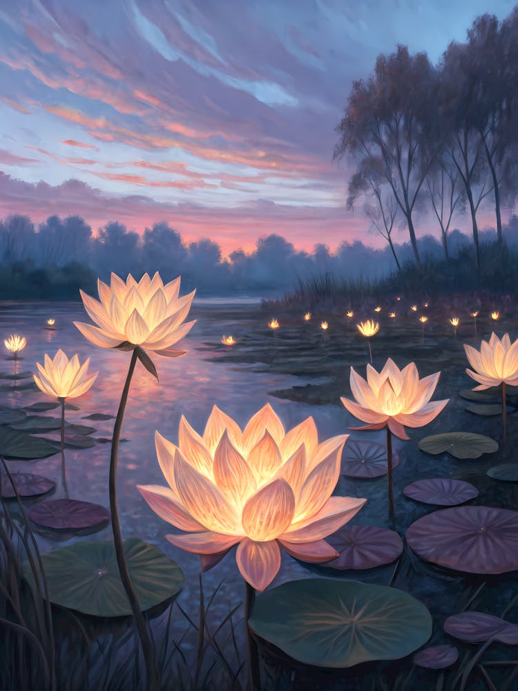 Van Gogh Lotus Pond Glowing Blooms & Twilight Sky
