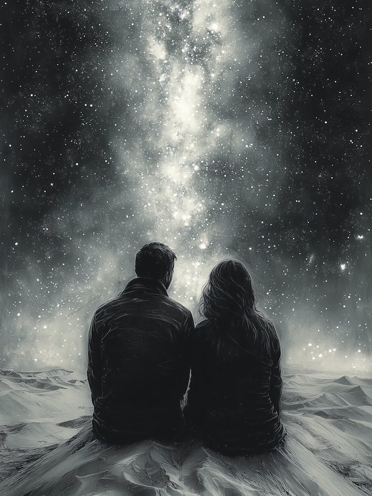 Stargazing Couple, Romantic Monochrome Charcoal style