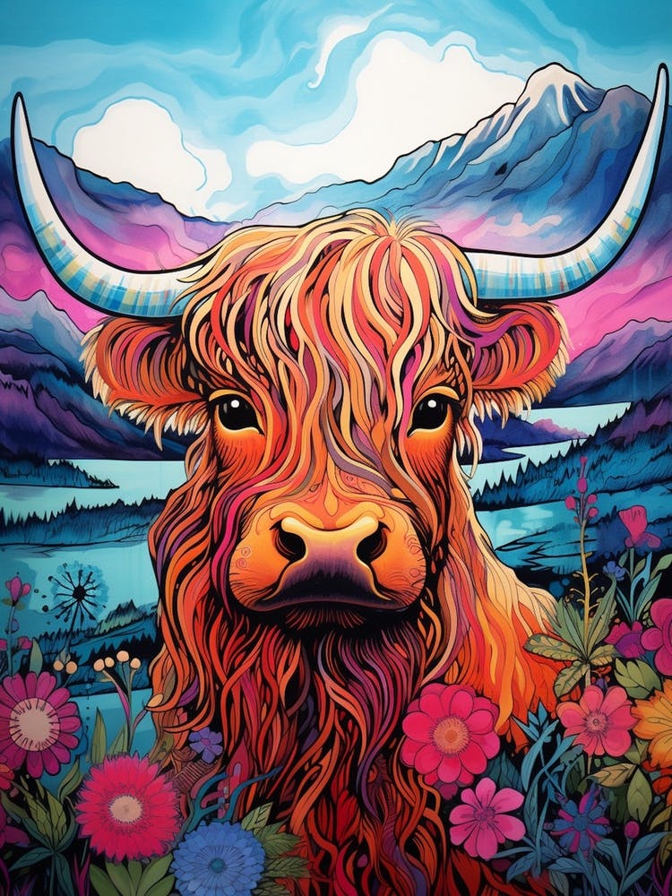 Colourful Illustration Of Highland Cow With Mountain & Lake