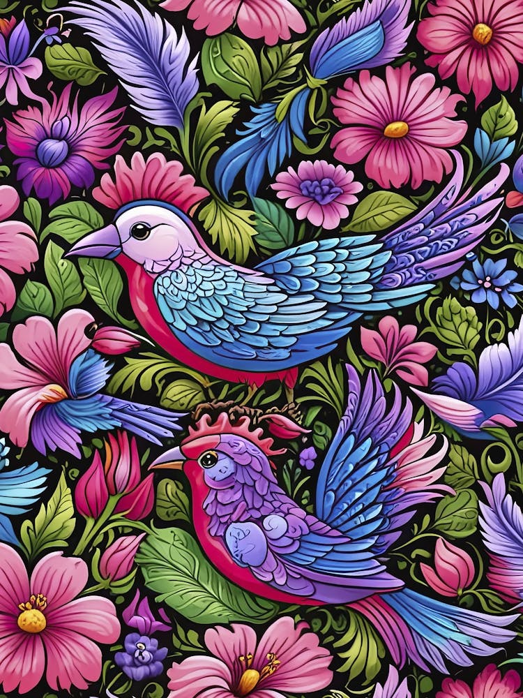 Tropical birds and flowers - colorful poster