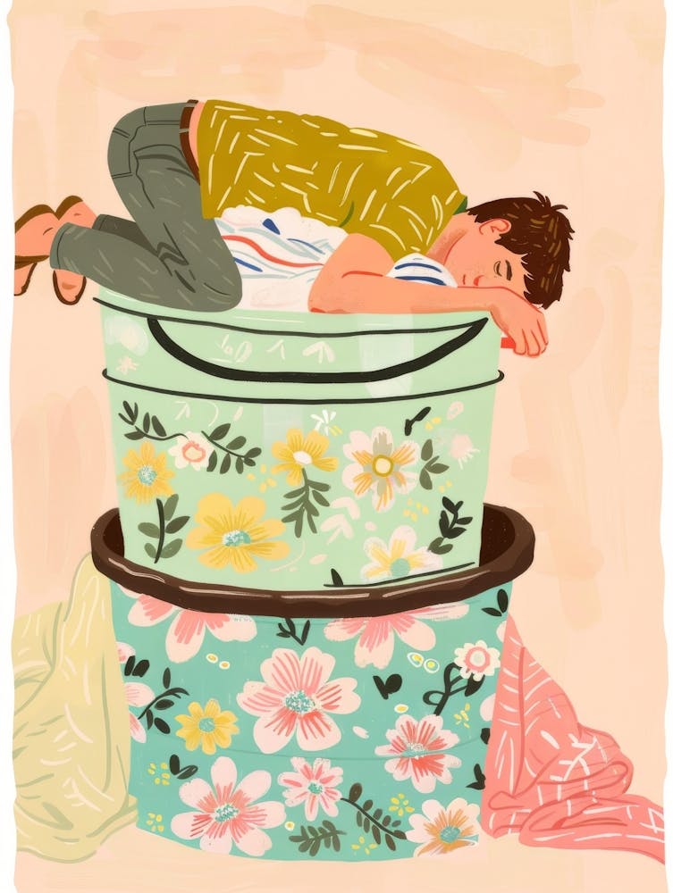 Illustration Of A Man Sleeping On A Pile Of Laundry