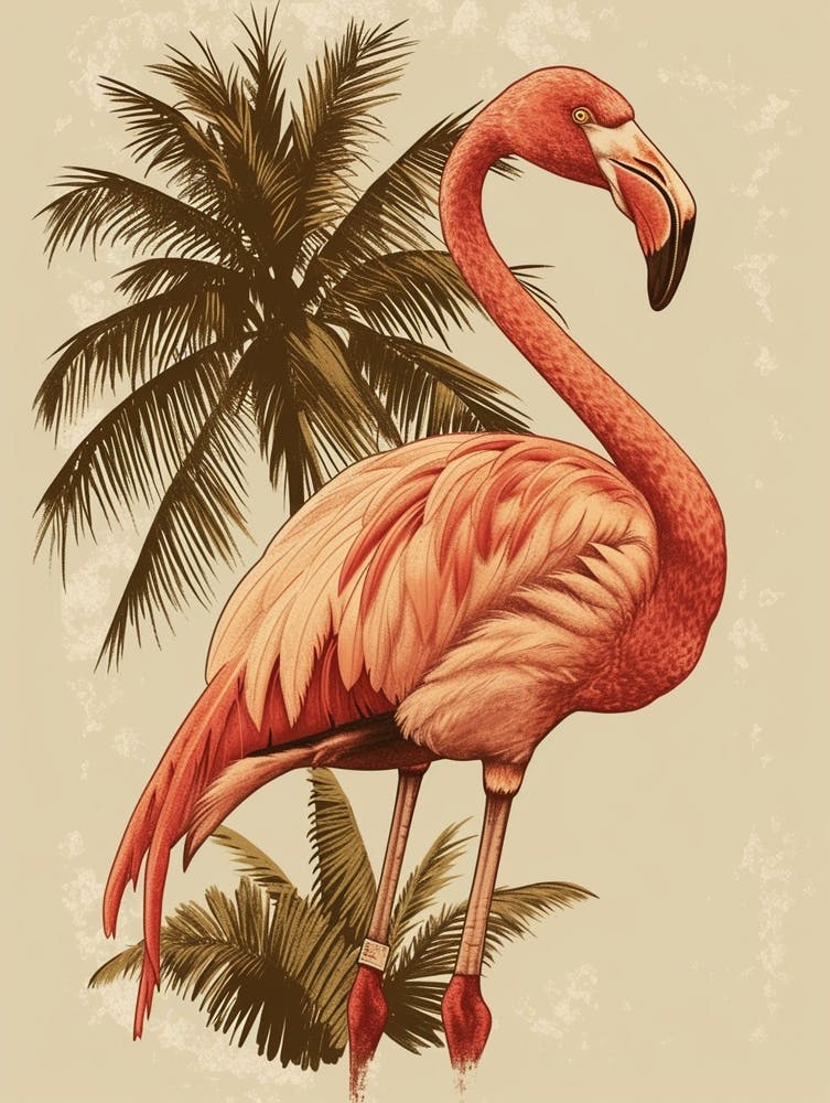 American Flamingo And Palm Trees Minimalist Illustration 4