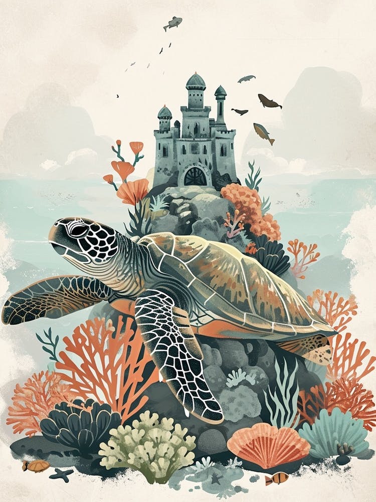 Sea Turtle With A Coral Castle Illustration 1