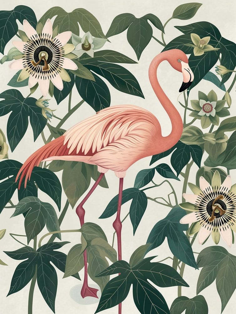 American Flamingo And Passionflowers Minimalist Illustration 1