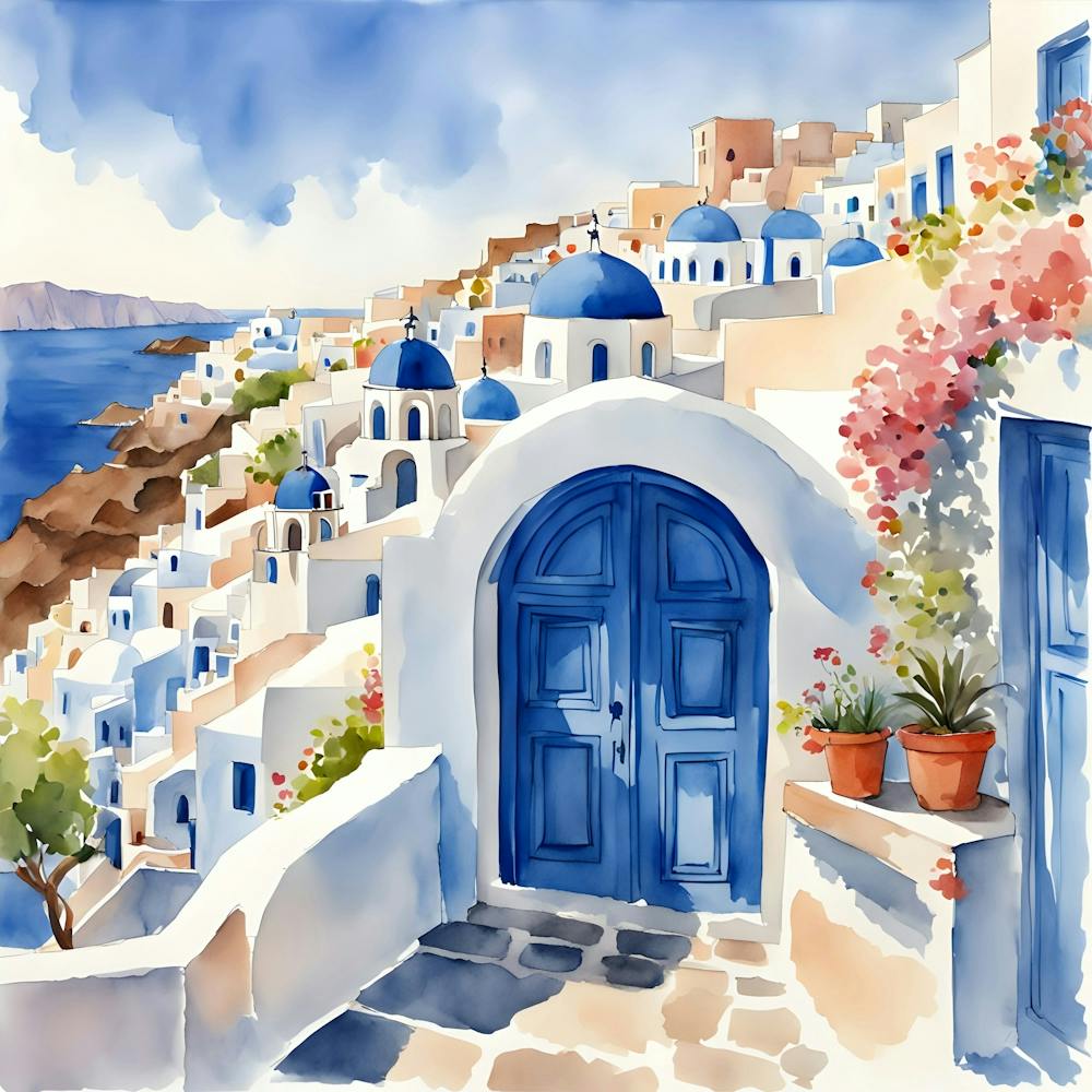 Santorini Greece Watercolor 8