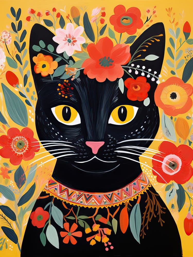 Black Cat With A Flower Crown Painting Matisse Style 3