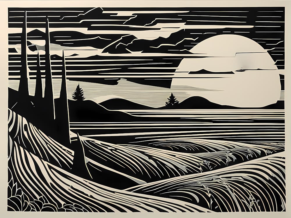 A Linocut Piece Featuring Fragmented And Ghostly Remnants Of Dreamy landscape, 114