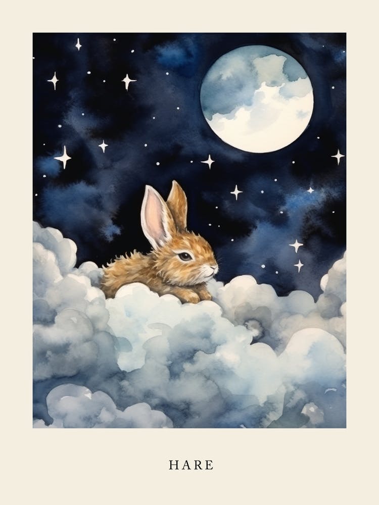Baby Hare 3 Sleeping In The Clouds Nursery Poster