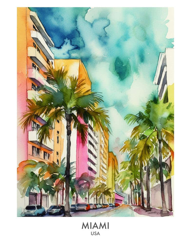 Miami Watercolour Travel Poster 1