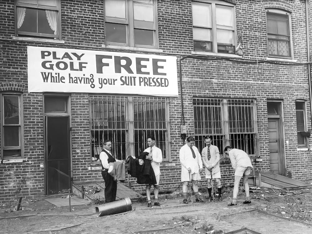 Play Golf While Getting Suit Pressed, Funny, Golfers, Black and White Old Photo