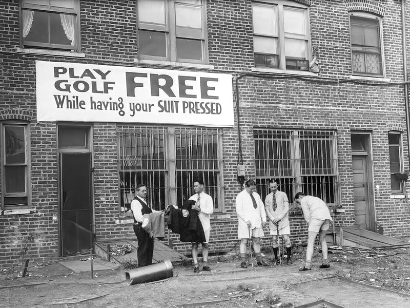 Play Golf While Getting Suit Pressed, Funny, Golfers, Black and White Old Photo