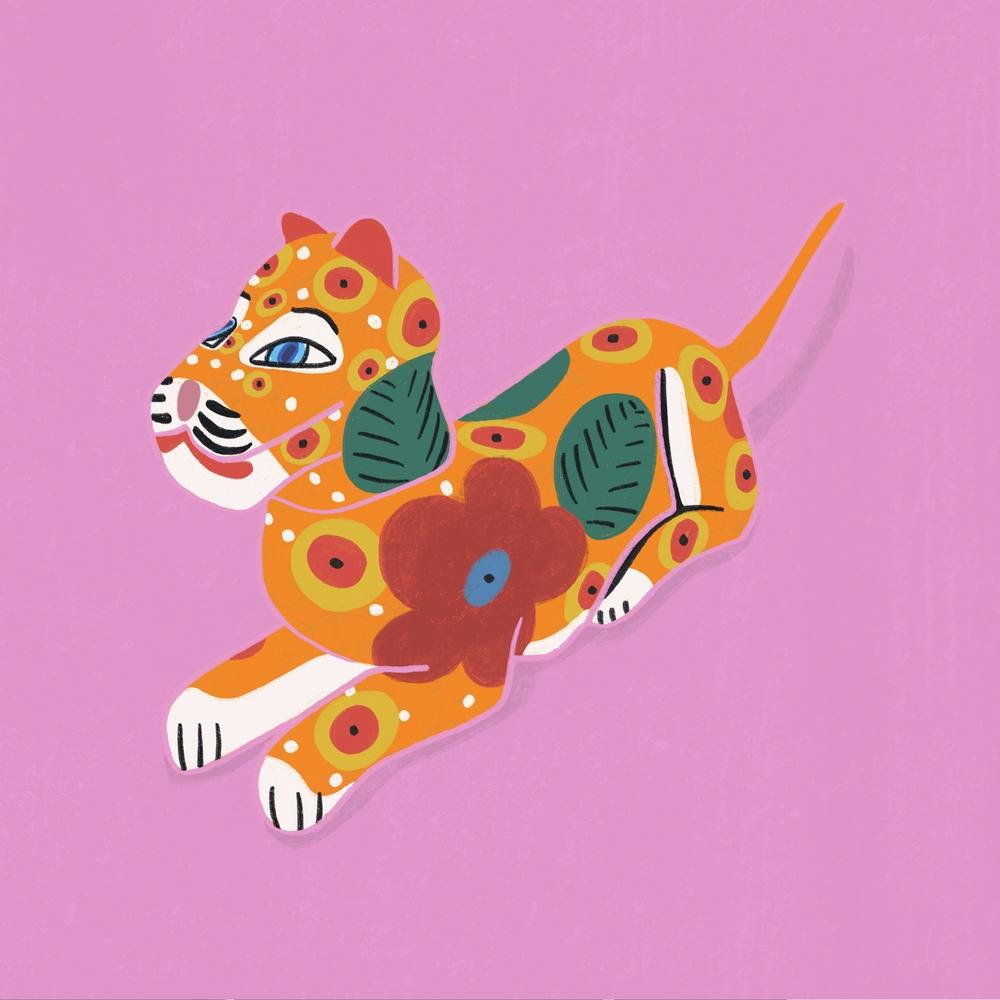 Tiger With Flowers On Pink Background