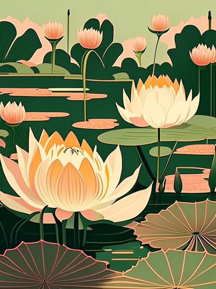 Lotus Flowers In Park Retro Illustration 1
