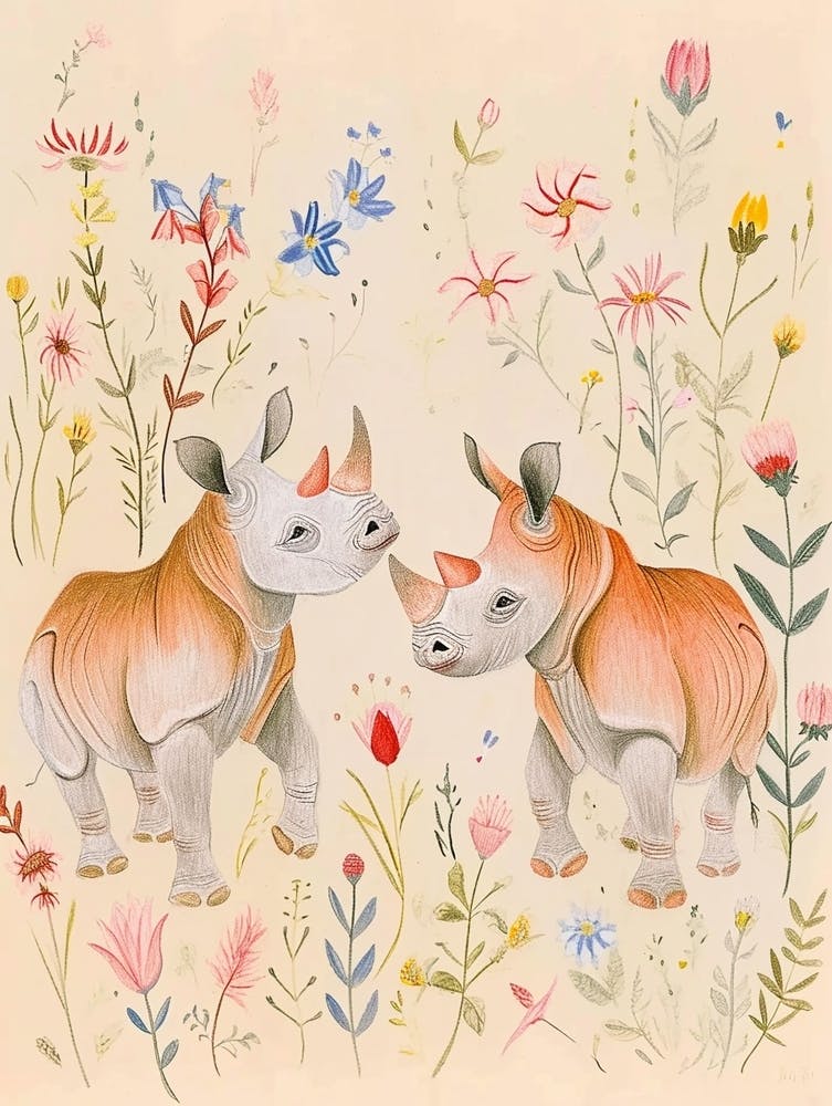 Folksy Floral Animal Drawing Rhino 4