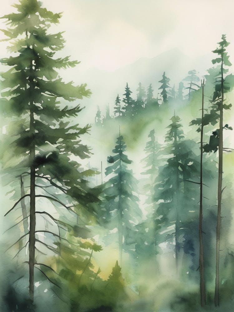 Appalachian Mountains of Misty Pines Watercolor Print of Evergreen Forest..140